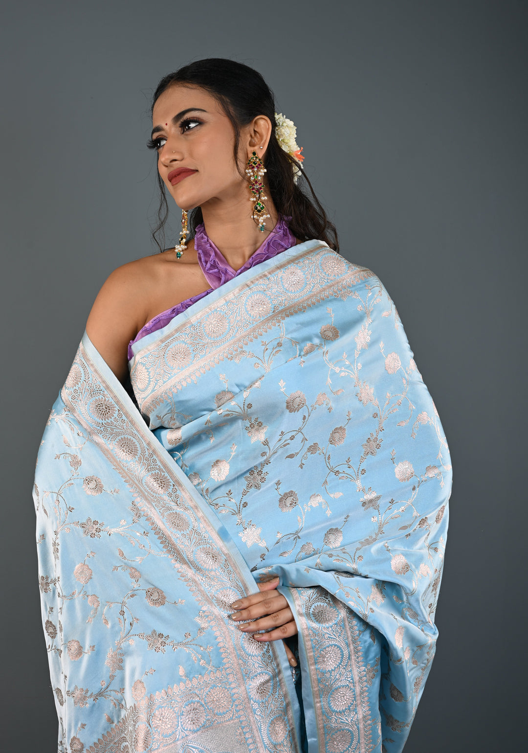 Sky Blue Banarasi Semi Mashru Silk Saree with Floral Jaal and Zari Border