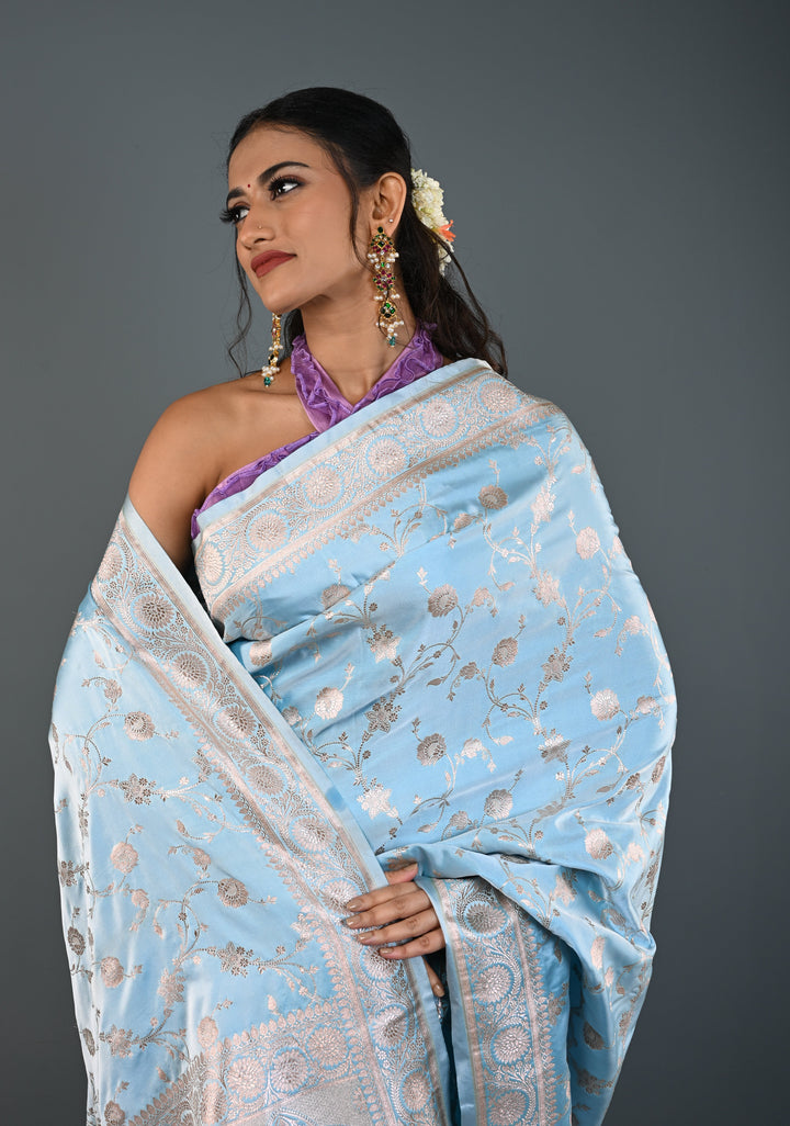 Sky Blue Banarasi Semi Mashru Silk Saree with Floral Jaal and Zari Border