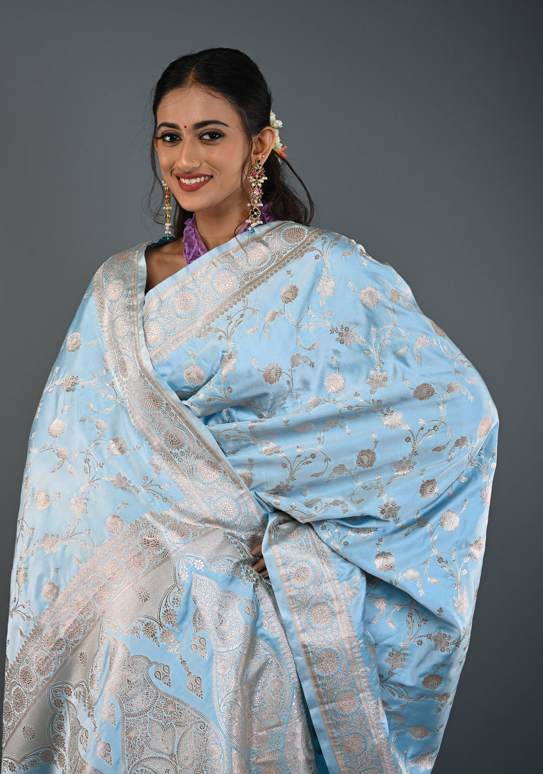 Sky Blue Banarasi Semi Mashru Silk Saree with Floral Jaal and Zari Border