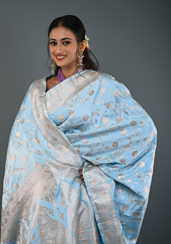 Sky Blue Banarasi Semi Mashru Silk Saree with Floral Jaal and Zari Border