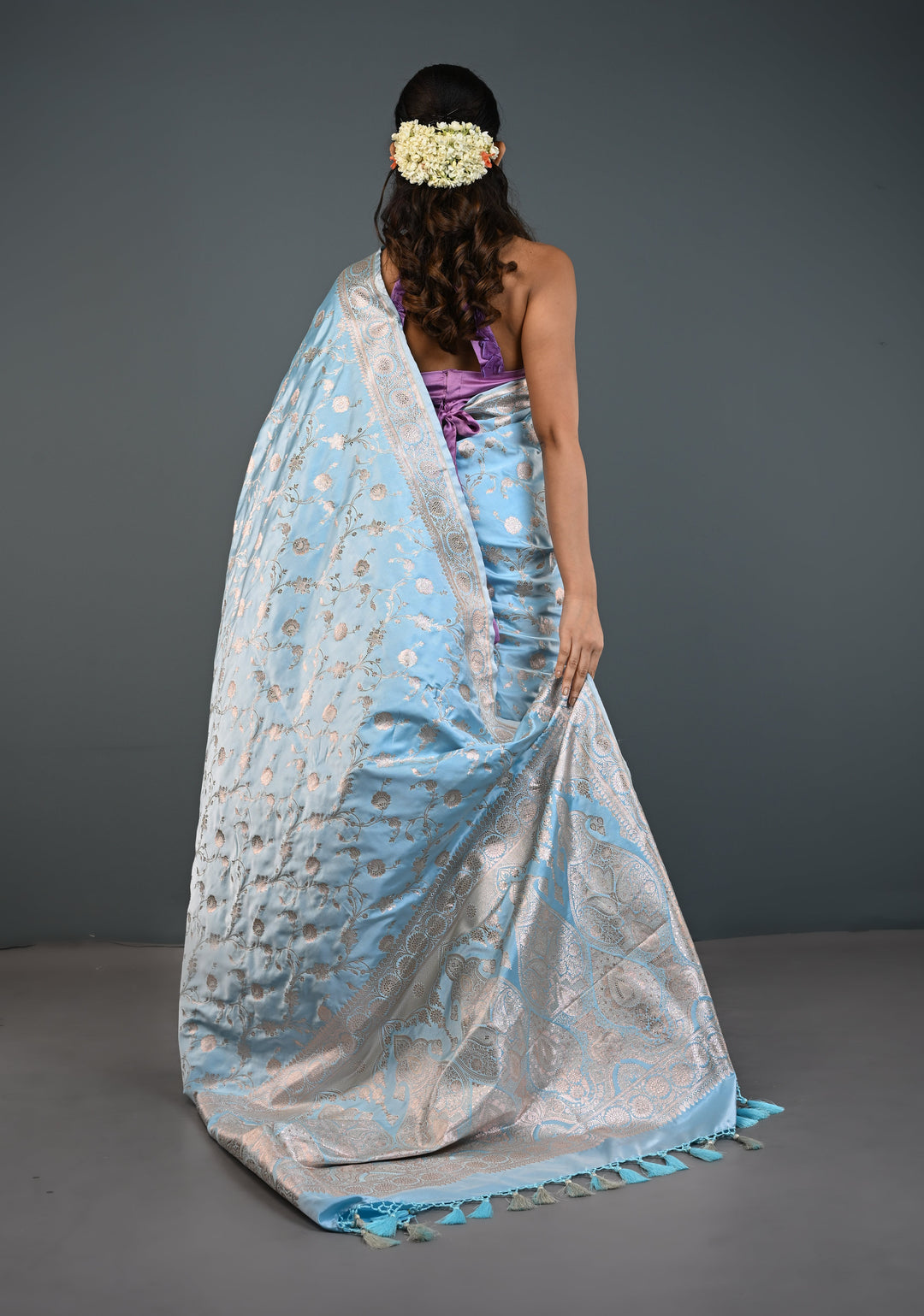 Sky Blue Banarasi Semi Mashru Silk Saree with Floral Jaal and Zari Border