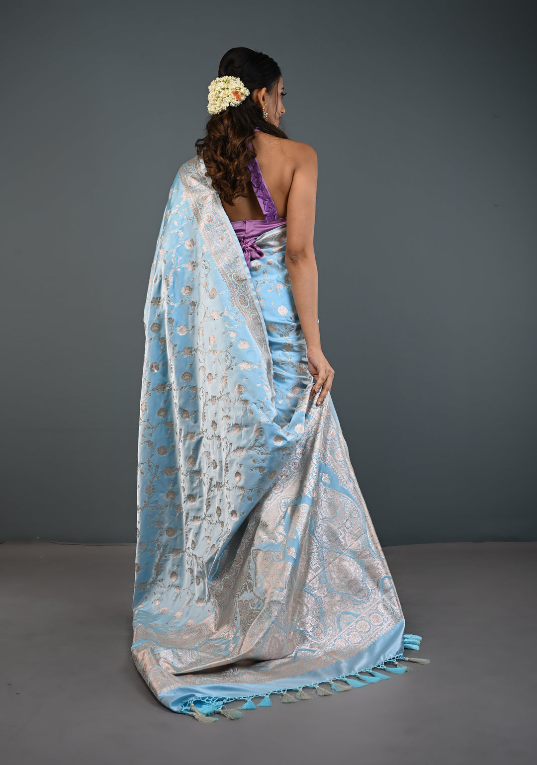 Sky Blue Banarasi Semi Mashru Silk Saree with Floral Jaal and Zari Border