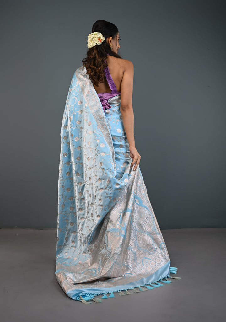 Sky Blue Banarasi Semi Mashru Silk Saree with Floral Jaal and Zari Border