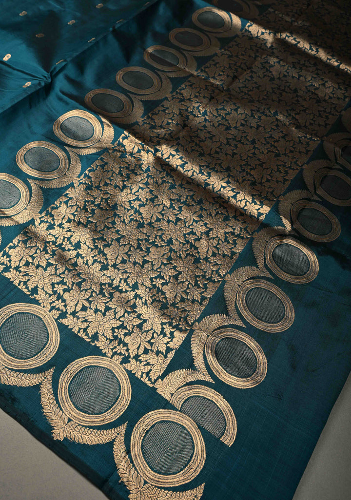 Teal Banarasi Katan Silk Saree with Floral Zari Buttis and Scallop Zari Border | SILK MARK CERTIFIED | SHOBITAM