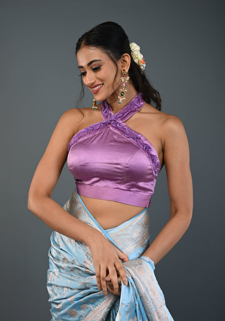 Lilac Satin Blouse with Halter Neck and Ruched Organza Detailing , Customizable, Made to Order