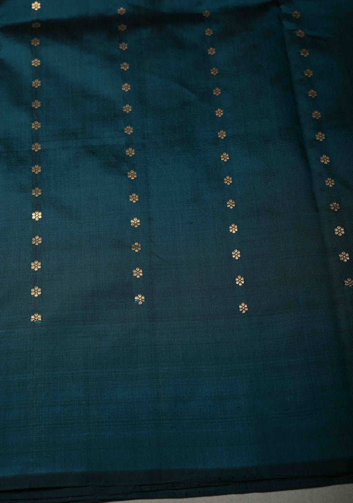 Teal Banarasi Katan Silk Saree with Floral Zari Buttis and Scallop Zari Border | SILK MARK CERTIFIED | SHOBITAM