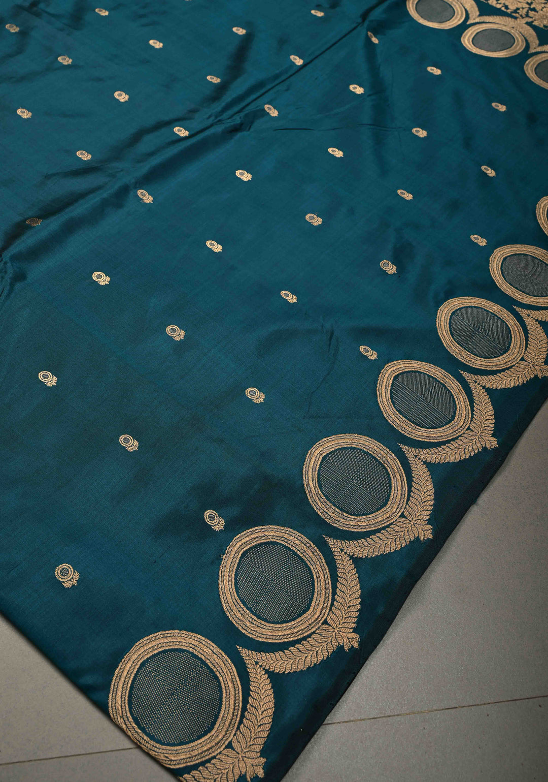 Teal Banarasi Katan Silk Saree with Floral Zari Buttis and Scallop Zari Border | SILK MARK CERTIFIED | SHOBITAM