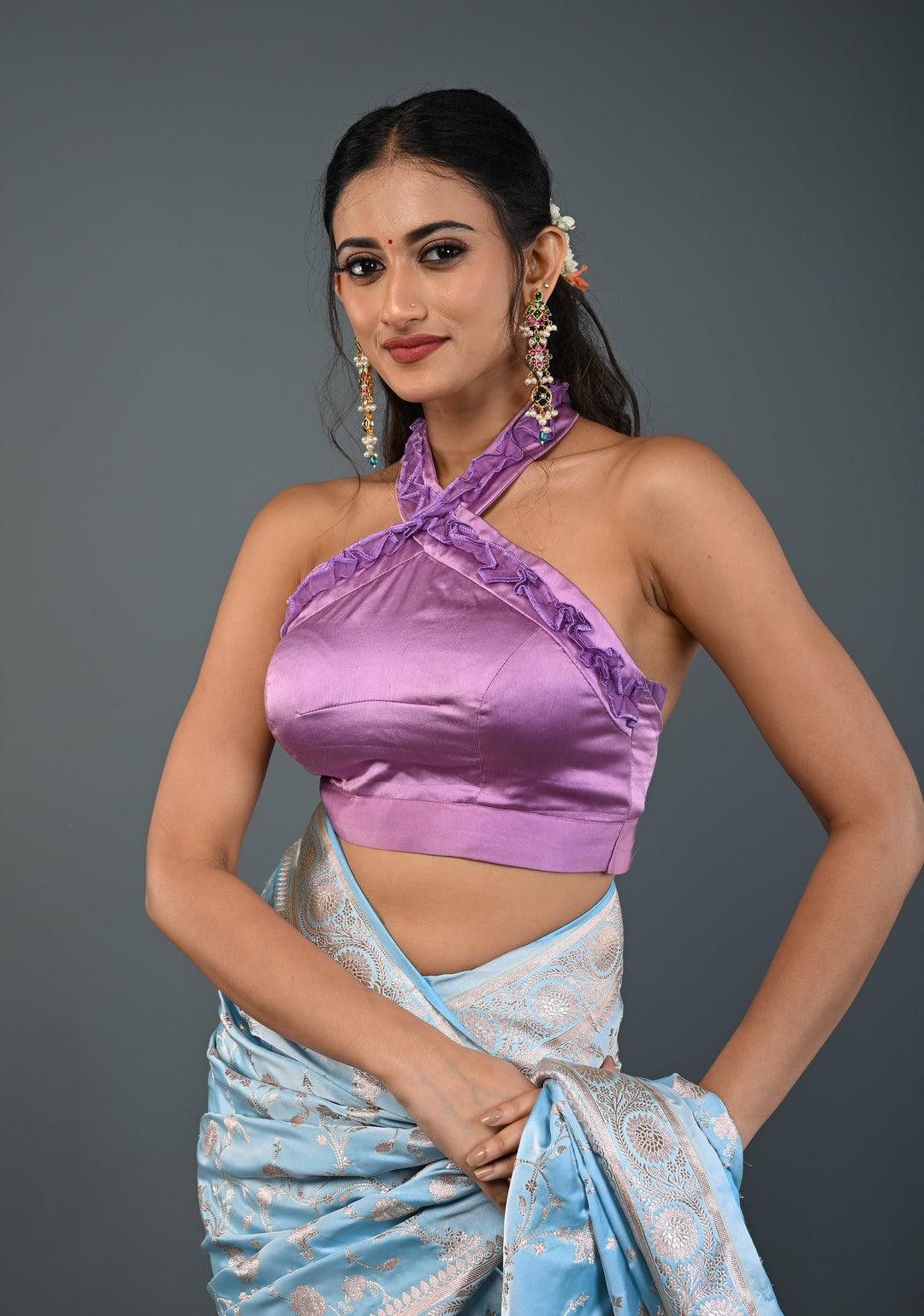 Lilac Satin Blouse with Halter Neck and Ruched Organza Detailing , Customizable, Made to Order