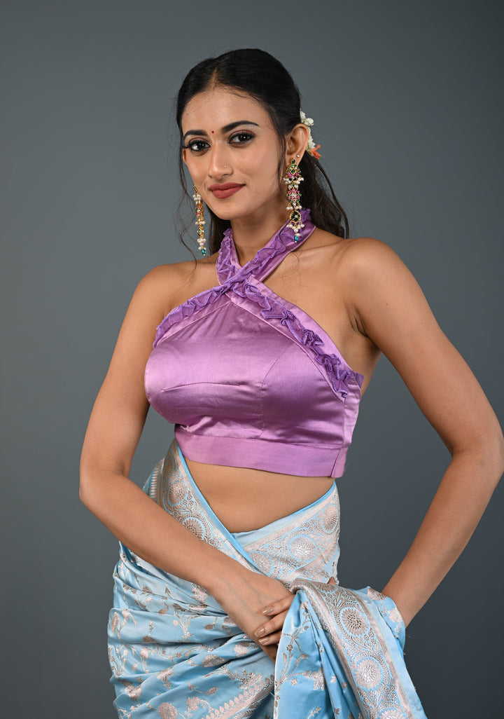 Lilac Satin Blouse with Halter Neck and Ruched Organza Detailing , Customizable, Made to Order