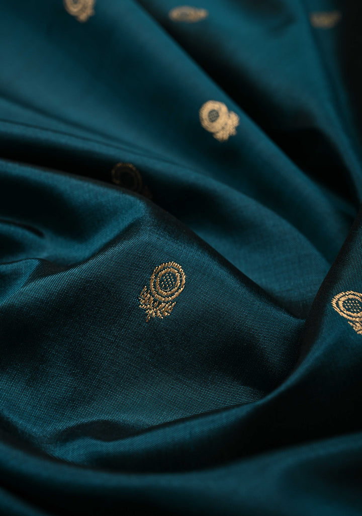 Teal Banarasi Katan Silk Saree with Floral Zari Buttis and Scallop Zari Border | SILK MARK CERTIFIED | SHOBITAM
