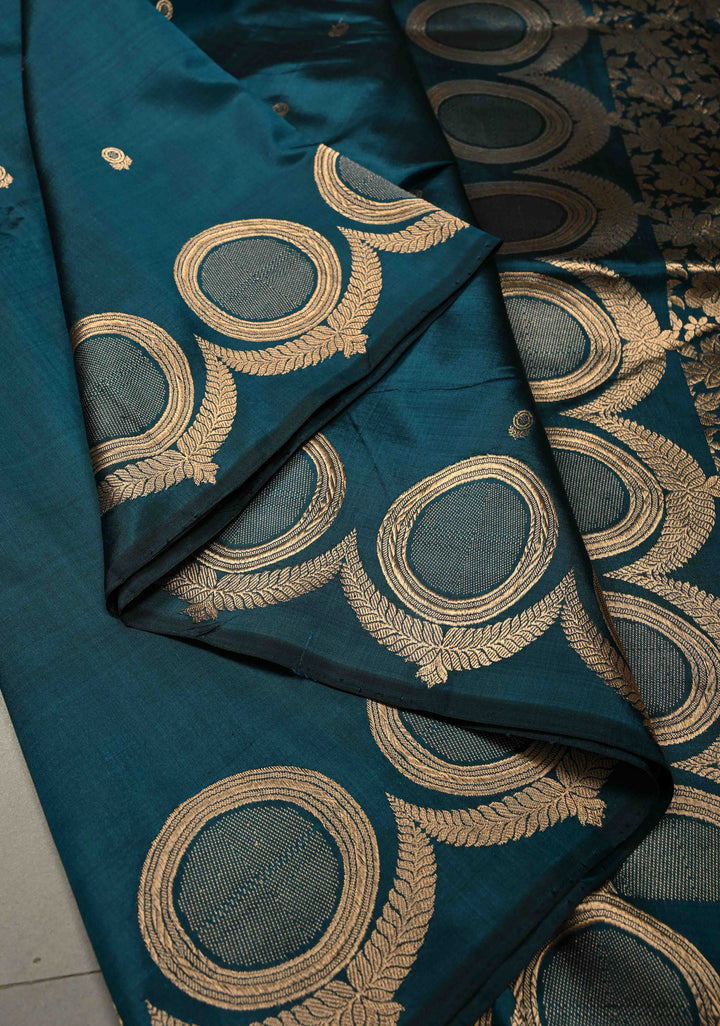 Teal Banarasi Katan Silk Saree with Floral Zari Buttis and Scallop Zari Border | SILK MARK CERTIFIED | SHOBITAM