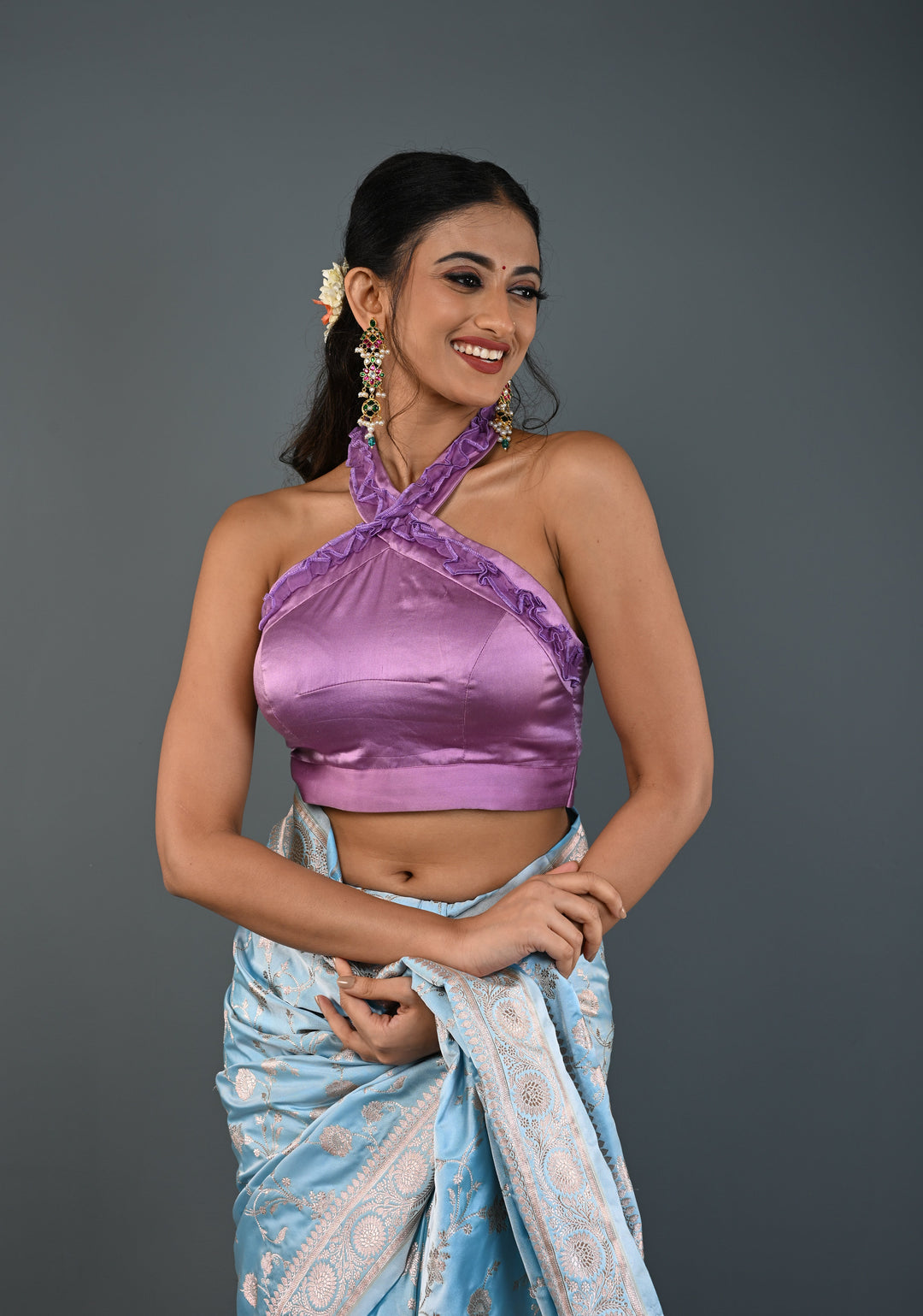 Lilac Satin Blouse with Halter Neck and Ruched Organza Detailing , Customizable, Made to Order