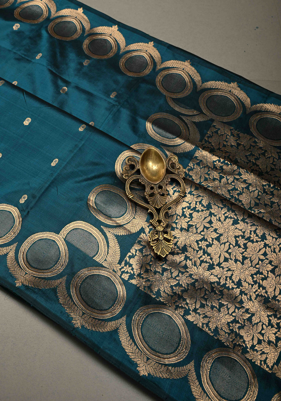 Teal Banarasi Katan Silk Saree with Floral Zari Buttis and Scallop Zari Border | SILK MARK CERTIFIED | SHOBITAM