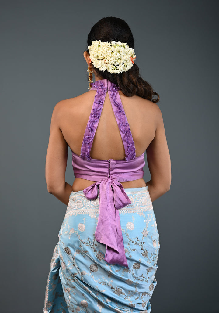 Lilac Satin Blouse with Halter Neck and Ruched Organza Detailing , Customizable, Made to Order