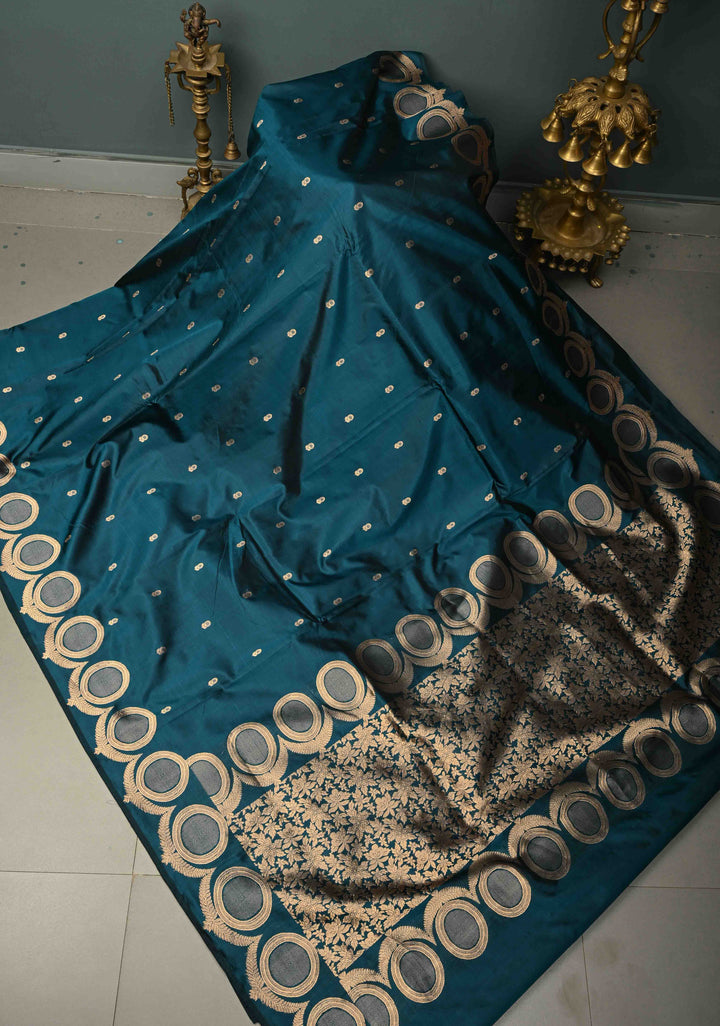 Teal Banarasi Katan Silk Saree with Floral Zari Buttis and Scallop Zari Border | SILK MARK CERTIFIED | SHOBITAM