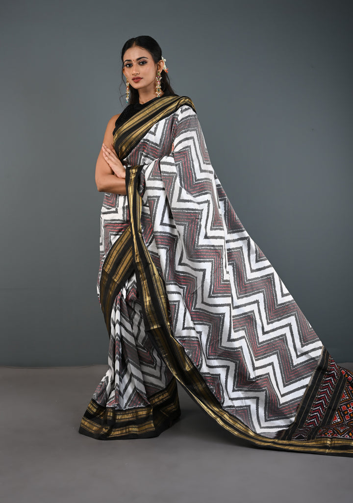 White-Gray Pochampally Ikkat Pure Silk Saree with Chevron Pattern and Rettaipet Border  | SILK MARK CERTIFIED