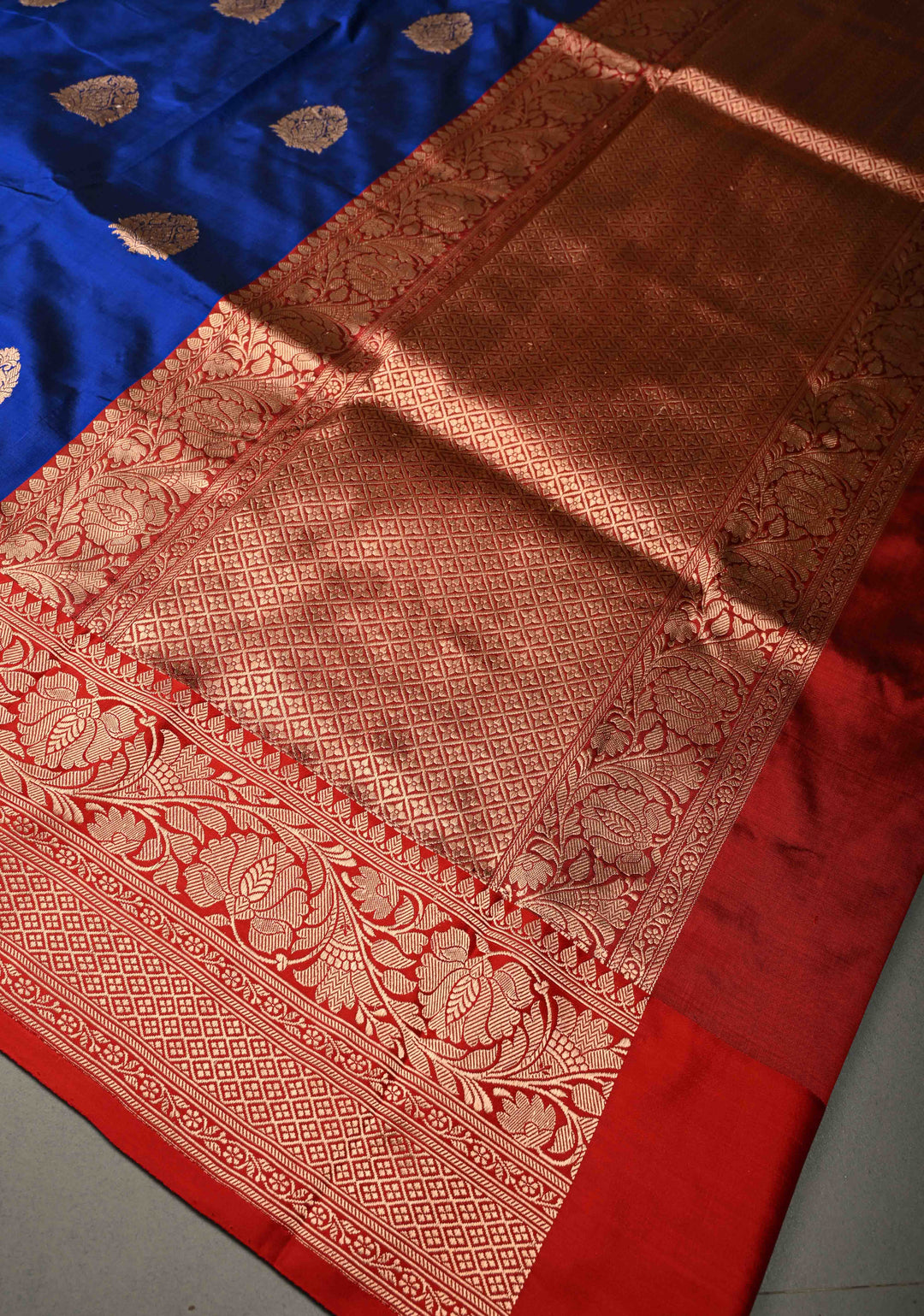 Royal Blue Banarasi Katan Silk Saree with Floral Zari Buttas and Contrast Zari Border | SILK MARK CERTIFIED | SHOBITAM