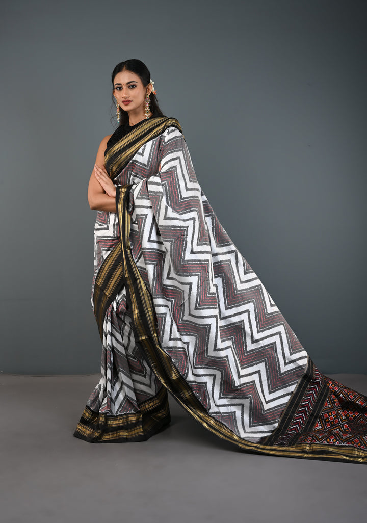 White-Gray Pochampally Ikkat Pure Silk Saree with Chevron Pattern and Rettaipet Border  | SILK MARK CERTIFIED