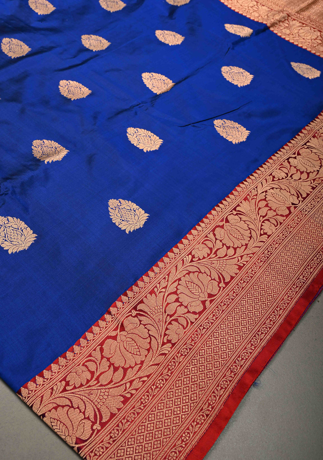 Royal Blue Banarasi Katan Silk Saree with Floral Zari Buttas and Contrast Zari Border | SILK MARK CERTIFIED | SHOBITAM