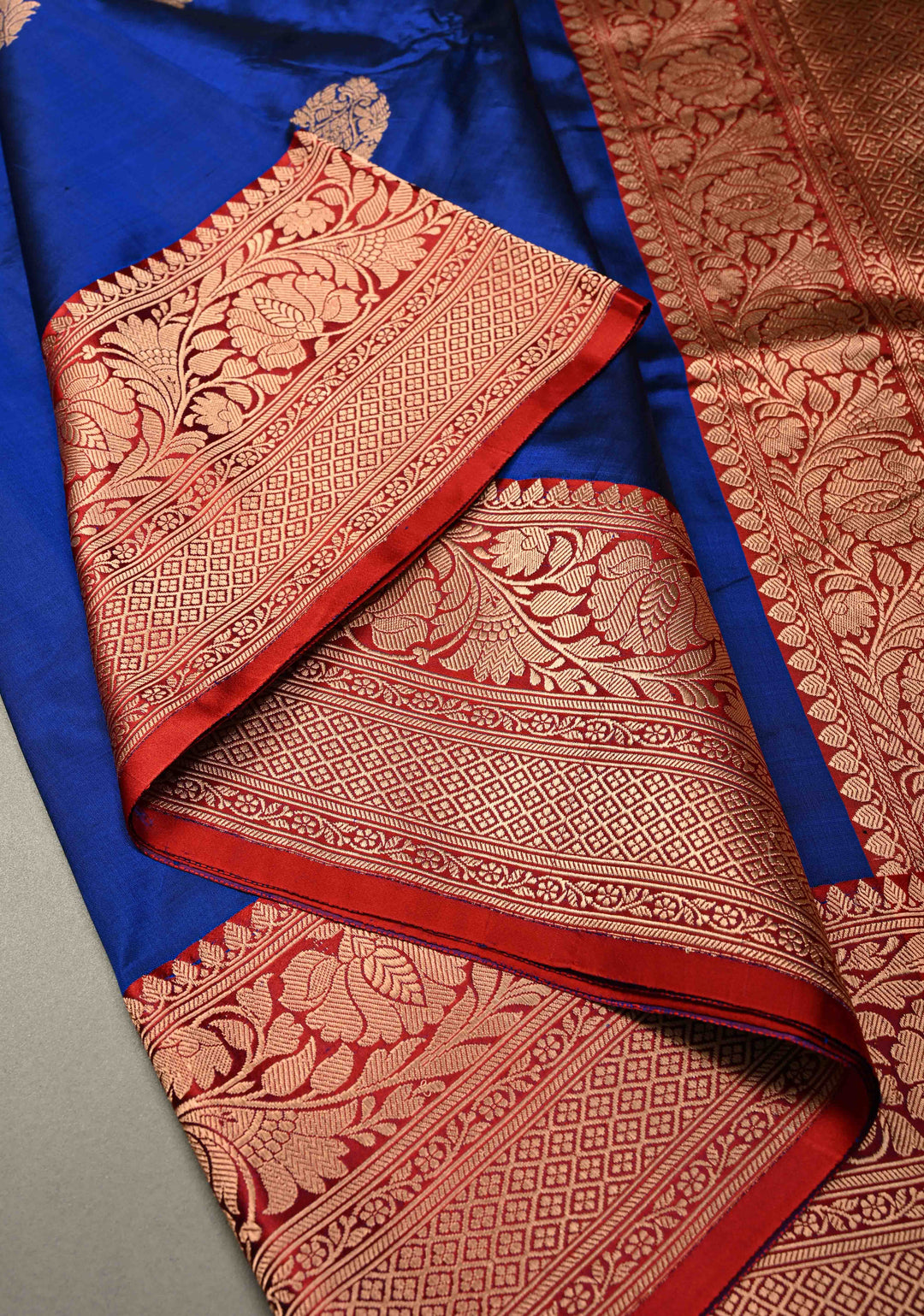 Royal Blue Banarasi Katan Silk Saree with Floral Zari Buttas and Contrast Zari Border | SILK MARK CERTIFIED | SHOBITAM