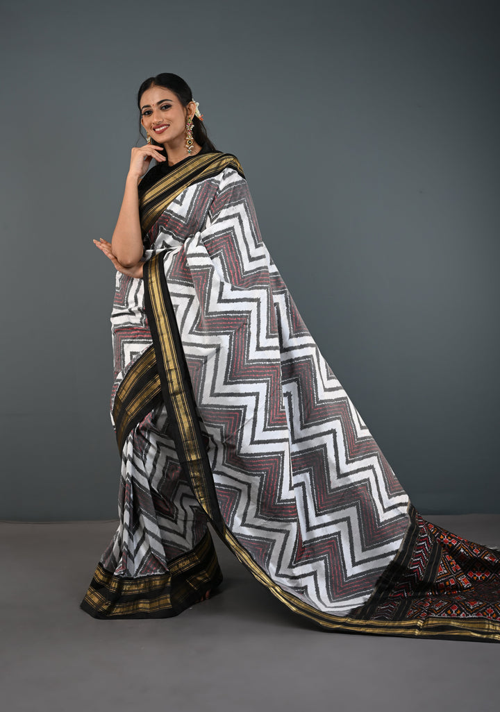 White-Gray Pochampally Ikkat Pure Silk Saree with Chevron Pattern and Rettaipet Border  | SILK MARK CERTIFIED