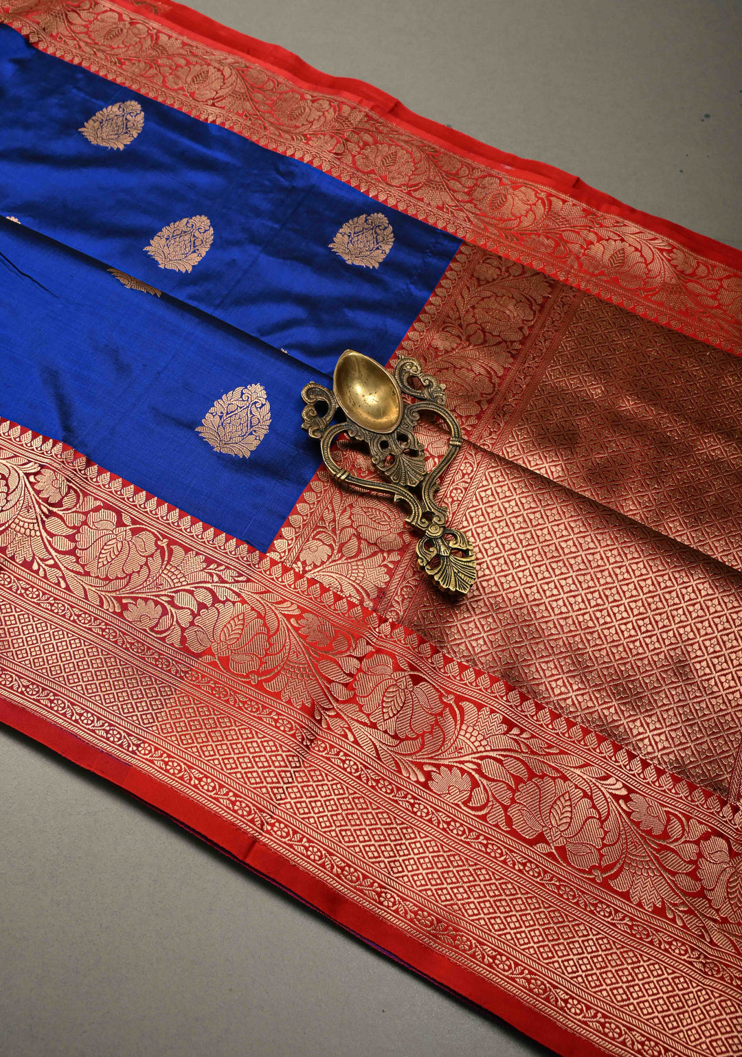 Royal Blue Banarasi Katan Silk Saree with Floral Zari Buttas and Contrast Zari Border | SILK MARK CERTIFIED | SHOBITAM