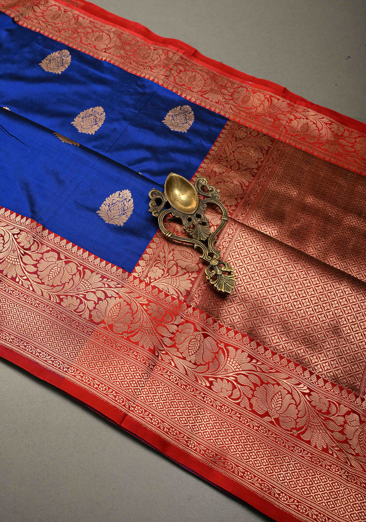 Royal Blue Banarasi Katan Silk Saree with Floral Zari Buttas and Contrast Zari Border | SILK MARK CERTIFIED | SHOBITAM