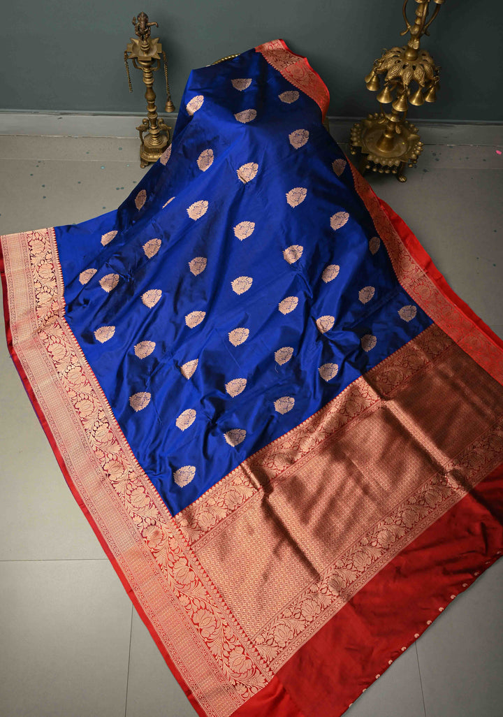 Royal Blue Banarasi Katan Silk Saree with Floral Zari Buttas and Contrast Zari Border | SILK MARK CERTIFIED | SHOBITAM