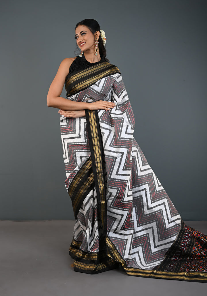 White-Gray Pochampally Ikkat Pure Silk Saree with Chevron Pattern and Rettaipet Border  | SILK MARK CERTIFIED