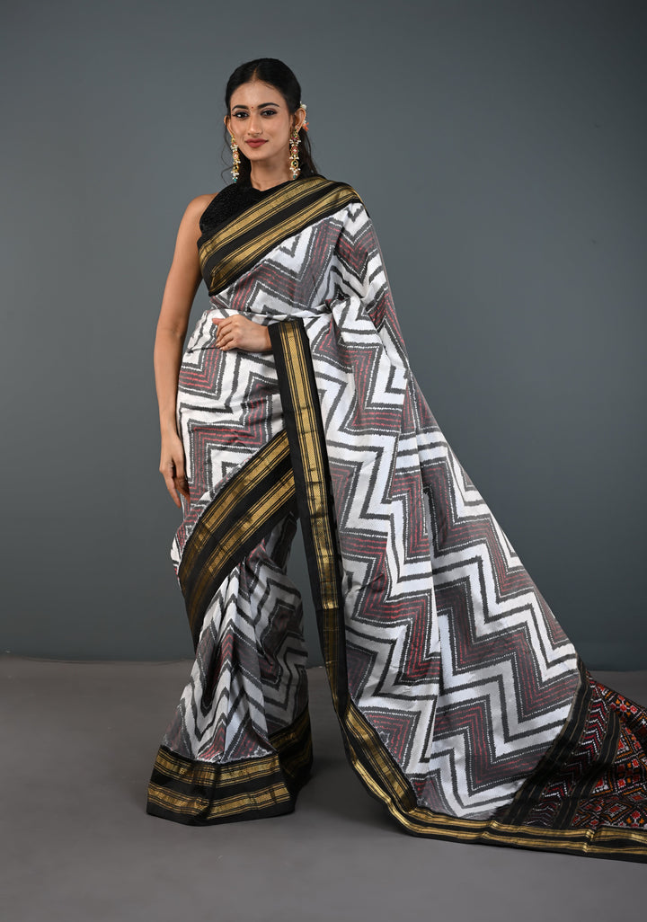 White-Gray Pochampally Ikkat Pure Silk Saree with Chevron Pattern and Rettaipet Border  | SILK MARK CERTIFIED