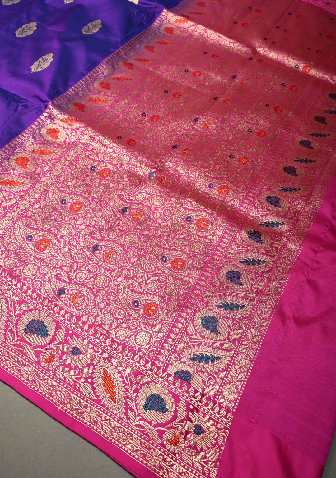 Purple Dual Tone Banarasi Katan Silk Saree with Floral Zari Buttas and Contrast Meenakari Zari Border | SILK MARK CERTIFIED | SHOBITAM