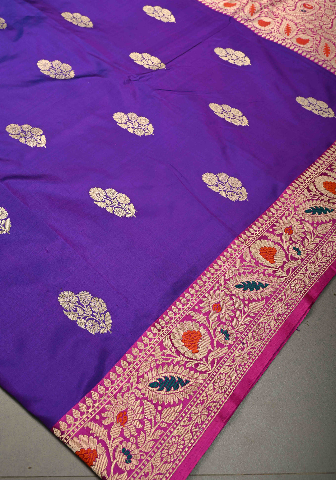 Purple Dual Tone Banarasi Katan Silk Saree with Floral Zari Buttas and Contrast Meenakari Zari Border | SILK MARK CERTIFIED | SHOBITAM