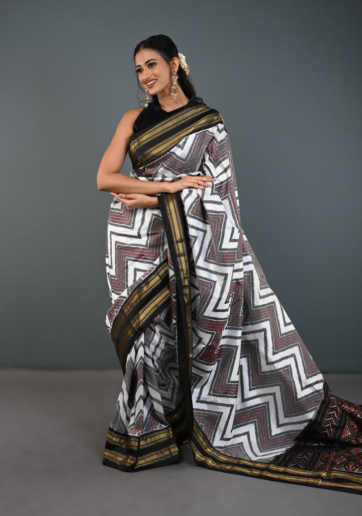 White-Gray Pochampally Ikkat Pure Silk Saree with Chevron Pattern and Rettaipet Border  | SILK MARK CERTIFIED