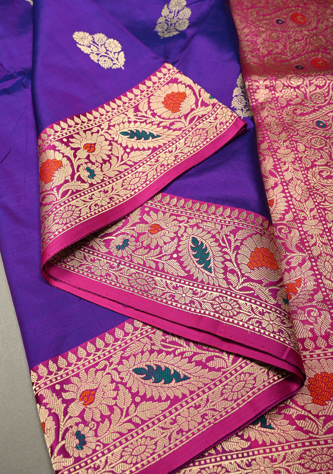 Purple Dual Tone Banarasi Katan Silk Saree with Floral Zari Buttas and Contrast Meenakari Zari Border | SILK MARK CERTIFIED | SHOBITAM