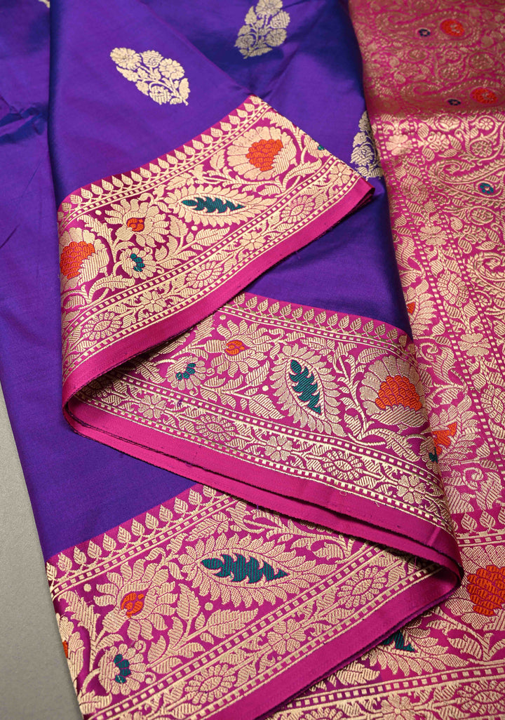 Purple Dual Tone Banarasi Katan Silk Saree with Floral Zari Buttas and Contrast Meenakari Zari Border | SILK MARK CERTIFIED | SHOBITAM