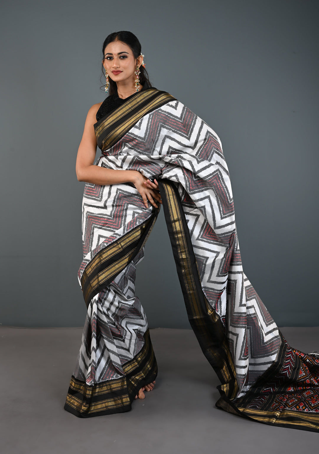 White-Gray Pochampally Ikkat Pure Silk Saree with Chevron Pattern and Rettaipet Border  | SILK MARK CERTIFIED