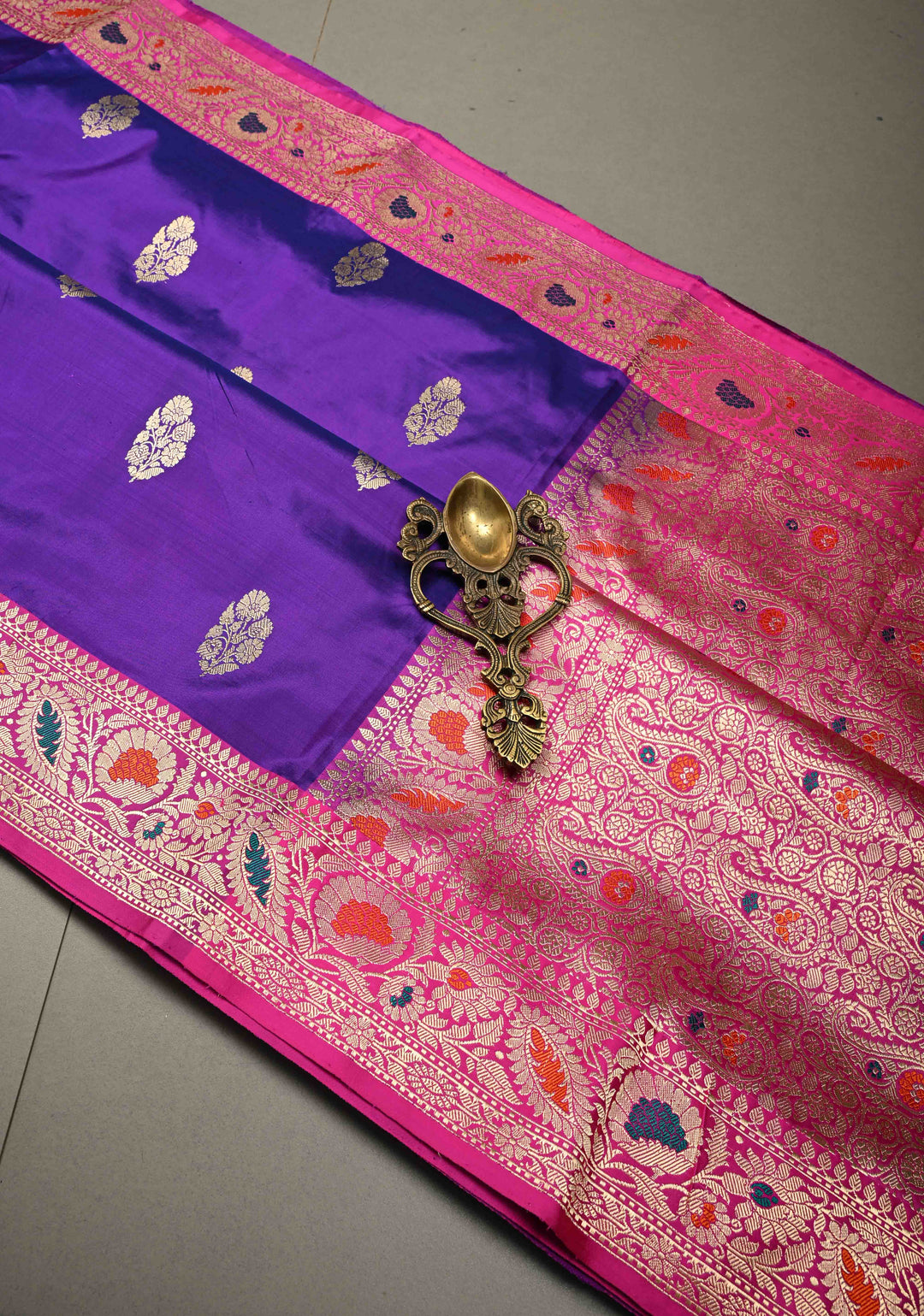 Purple Dual Tone Banarasi Katan Silk Saree with Floral Zari Buttas and Contrast Meenakari Zari Border | SILK MARK CERTIFIED | SHOBITAM