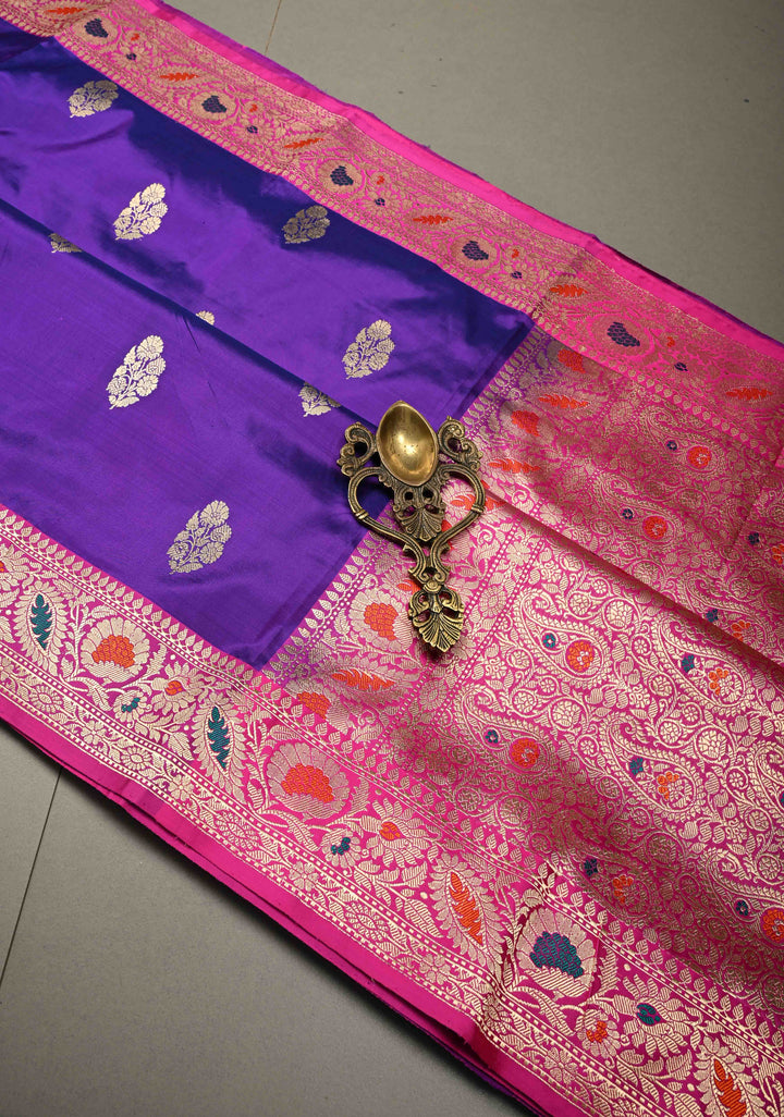Purple Dual Tone Banarasi Katan Silk Saree with Floral Zari Buttas and Contrast Meenakari Zari Border | SILK MARK CERTIFIED | SHOBITAM