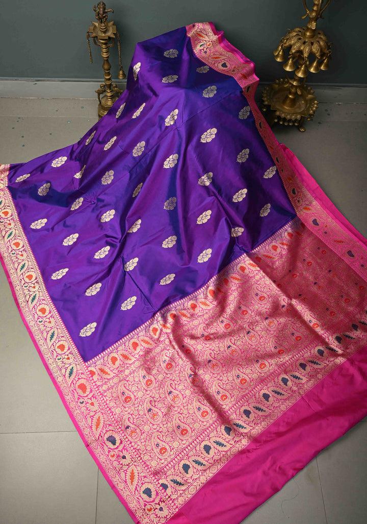Purple Dual Tone Banarasi Katan Silk Saree with Floral Zari Buttas and Contrast Meenakari Zari Border | SILK MARK CERTIFIED | SHOBITAM