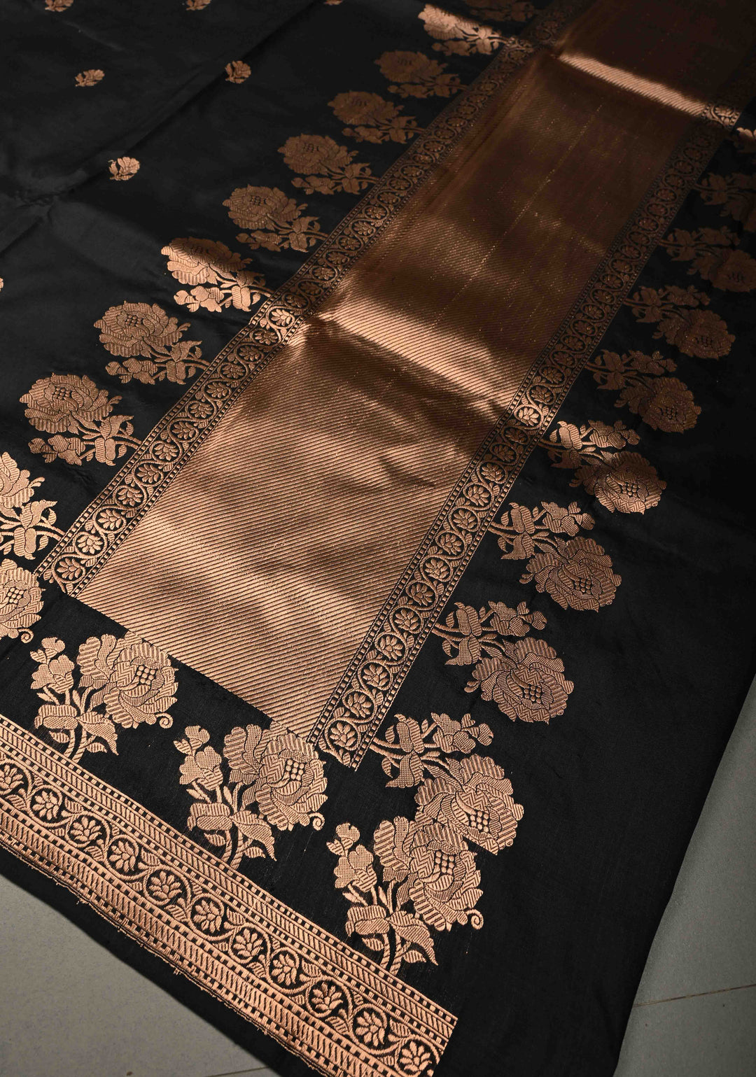 Black Banarasi Katan Silk Saree with Antique Floral Zari Buttas and Zari Border | SILK MARK CERTIFIED | SHOBITAM