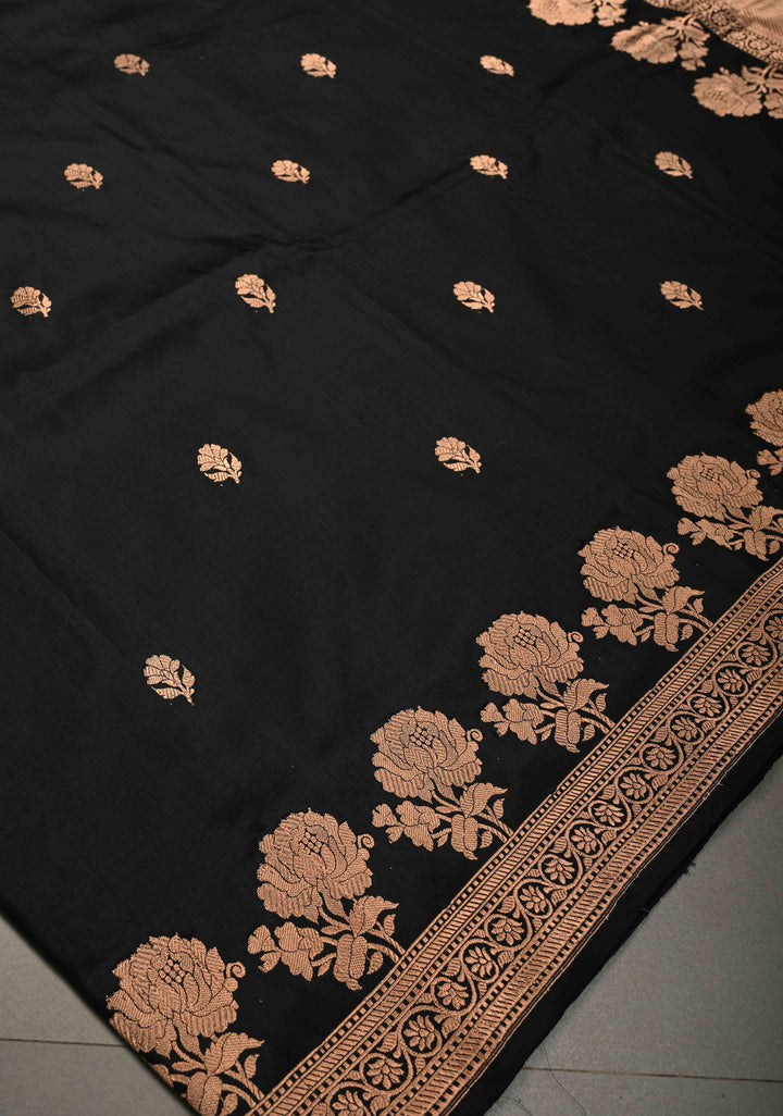 Black Banarasi Katan Silk Saree with Antique Floral Zari Buttas and Zari Border | SILK MARK CERTIFIED | SHOBITAM