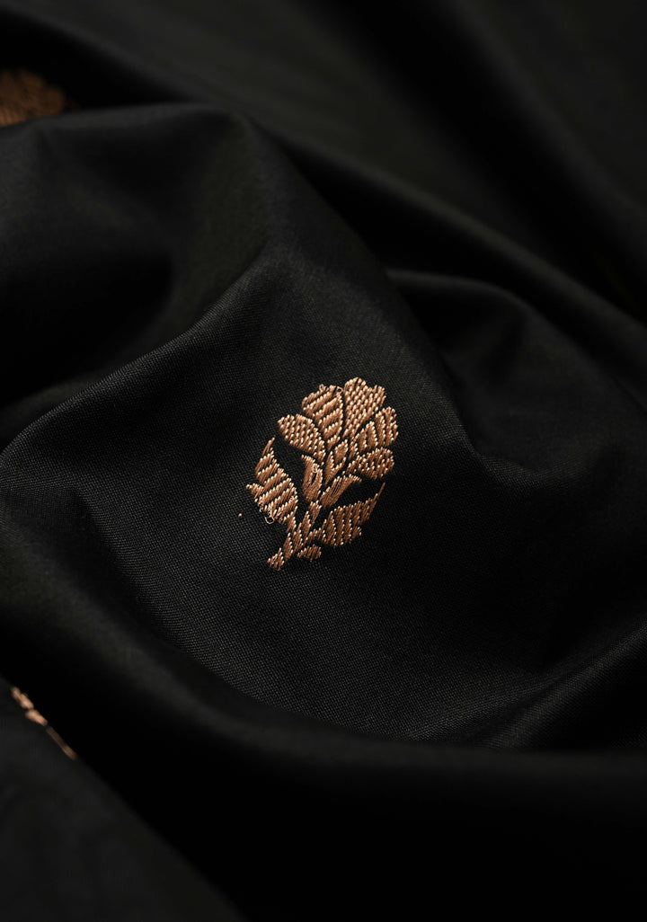Black Banarasi Katan Silk Saree with Antique Floral Zari Buttas and Zari Border | SILK MARK CERTIFIED | SHOBITAM