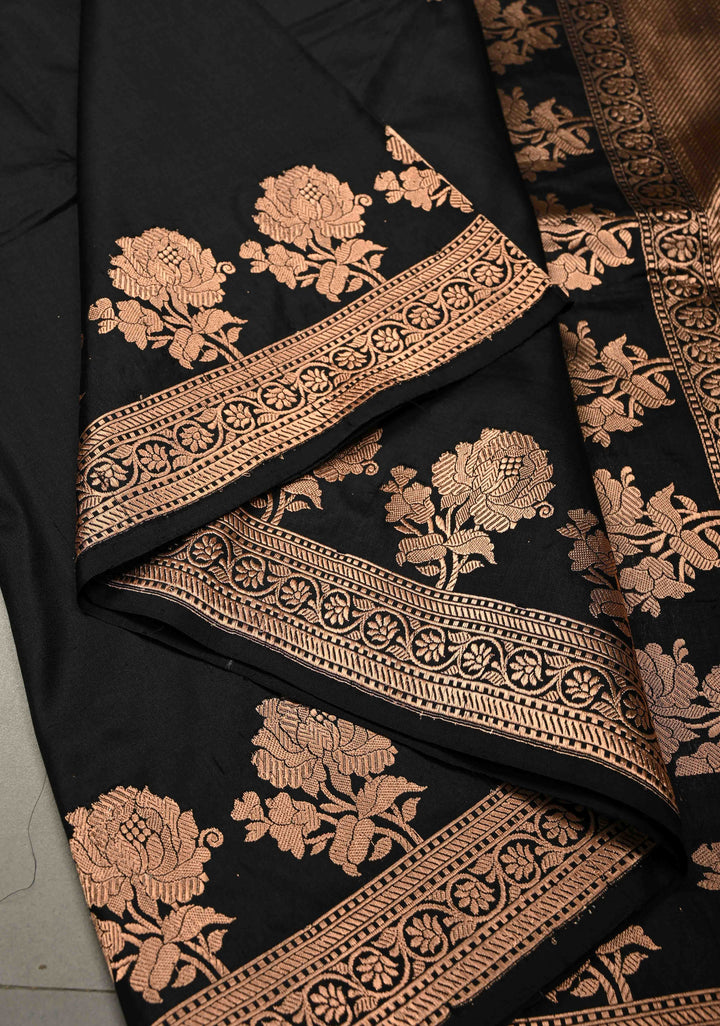 Black Banarasi Katan Silk Saree with Antique Floral Zari Buttas and Zari Border | SILK MARK CERTIFIED | SHOBITAM