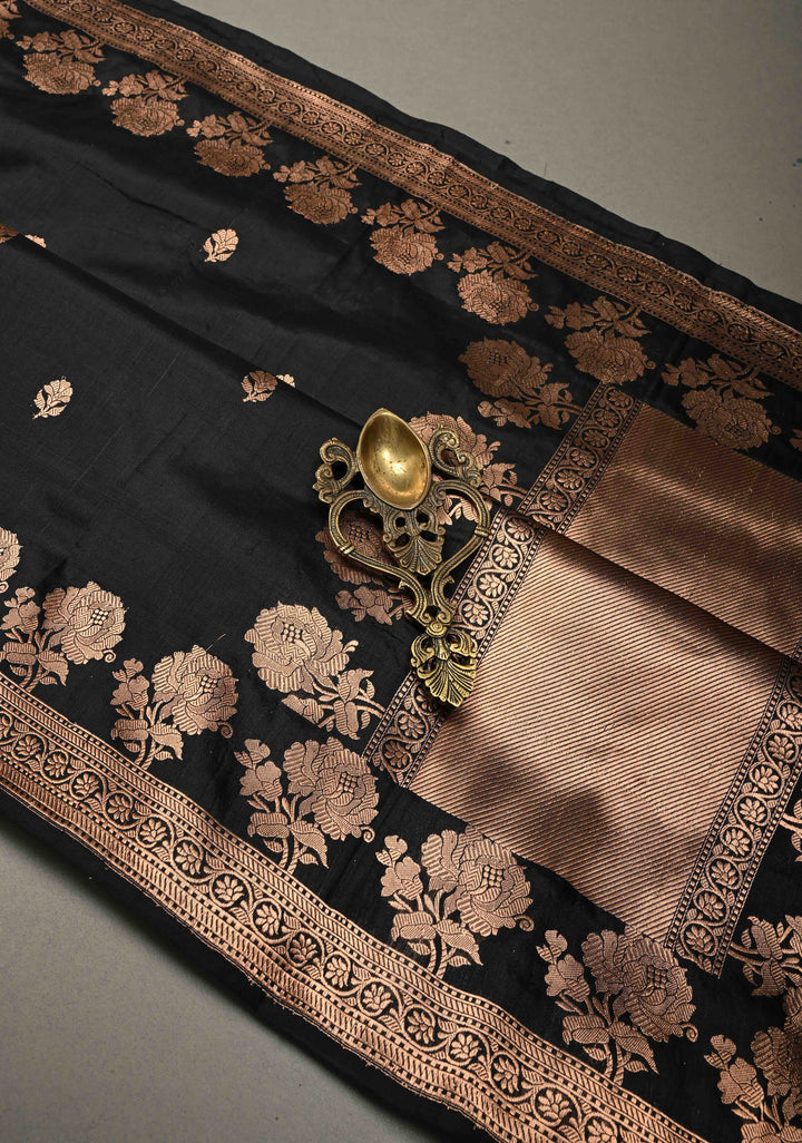 Black Banarasi Katan Silk Saree with Antique Floral Zari Buttas and Zari Border | SILK MARK CERTIFIED | SHOBITAM