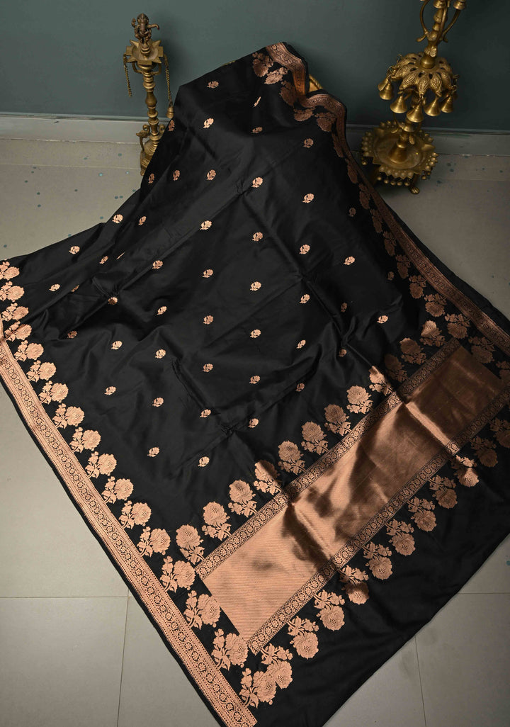 Black Banarasi Katan Silk Saree with Antique Floral Zari Buttas and Zari Border | SILK MARK CERTIFIED | SHOBITAM