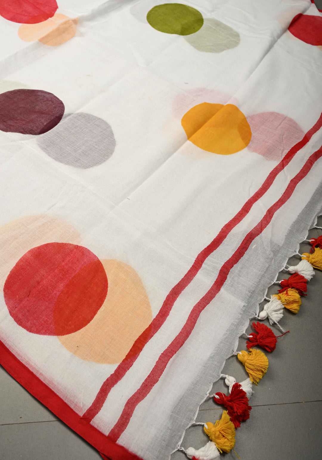 Ivory Mulmul Cotton Saree with Hand Painted Circle Buttas and Multihue Tassels, No Blouse Piece |SHOBITAM