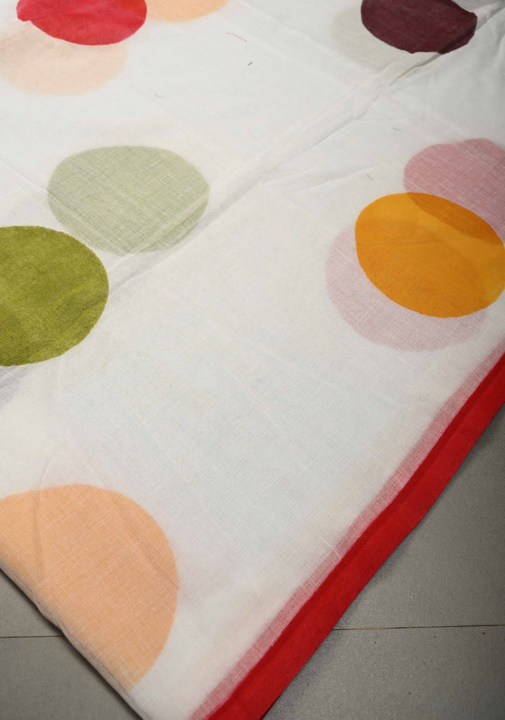 Ivory Mulmul Cotton Saree with Hand Painted Circle Buttas and Multihue Tassels, No Blouse Piece |SHOBITAM