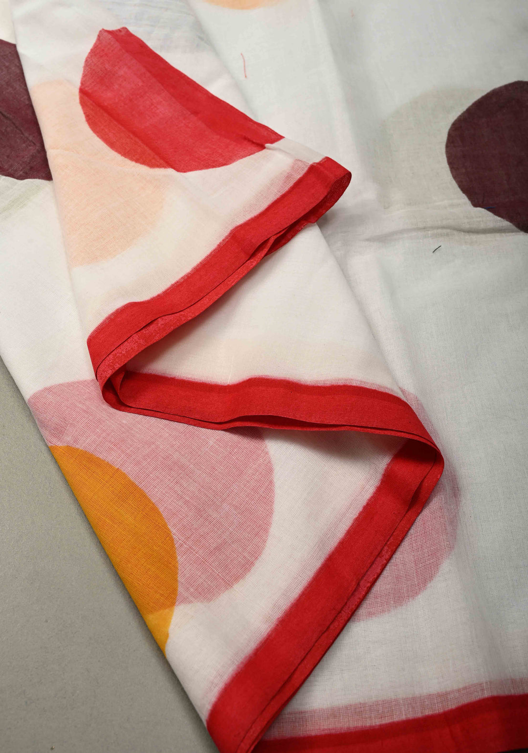Ivory Mulmul Cotton Saree with Hand Painted Circle Buttas and Multihue Tassels, No Blouse Piece |SHOBITAM