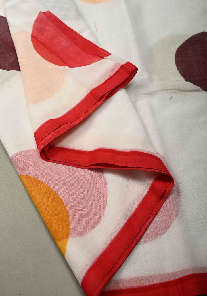 Ivory Mulmul Cotton Saree with Hand Painted Circle Buttas and Multihue Tassels, No Blouse Piece |SHOBITAM