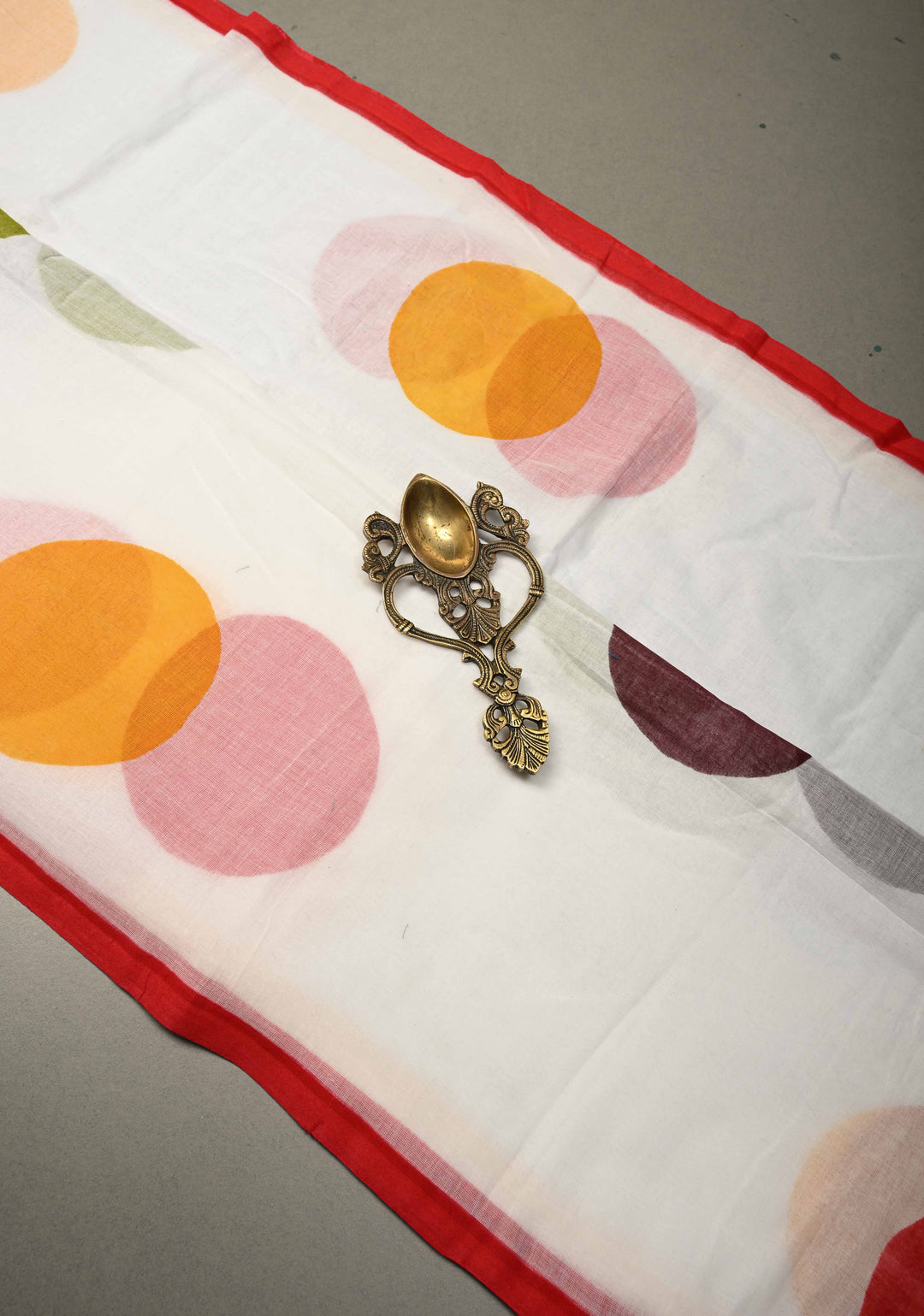 Ivory Mulmul Cotton Saree with Hand Painted Circle Buttas and Multihue Tassels, No Blouse Piece |SHOBITAM